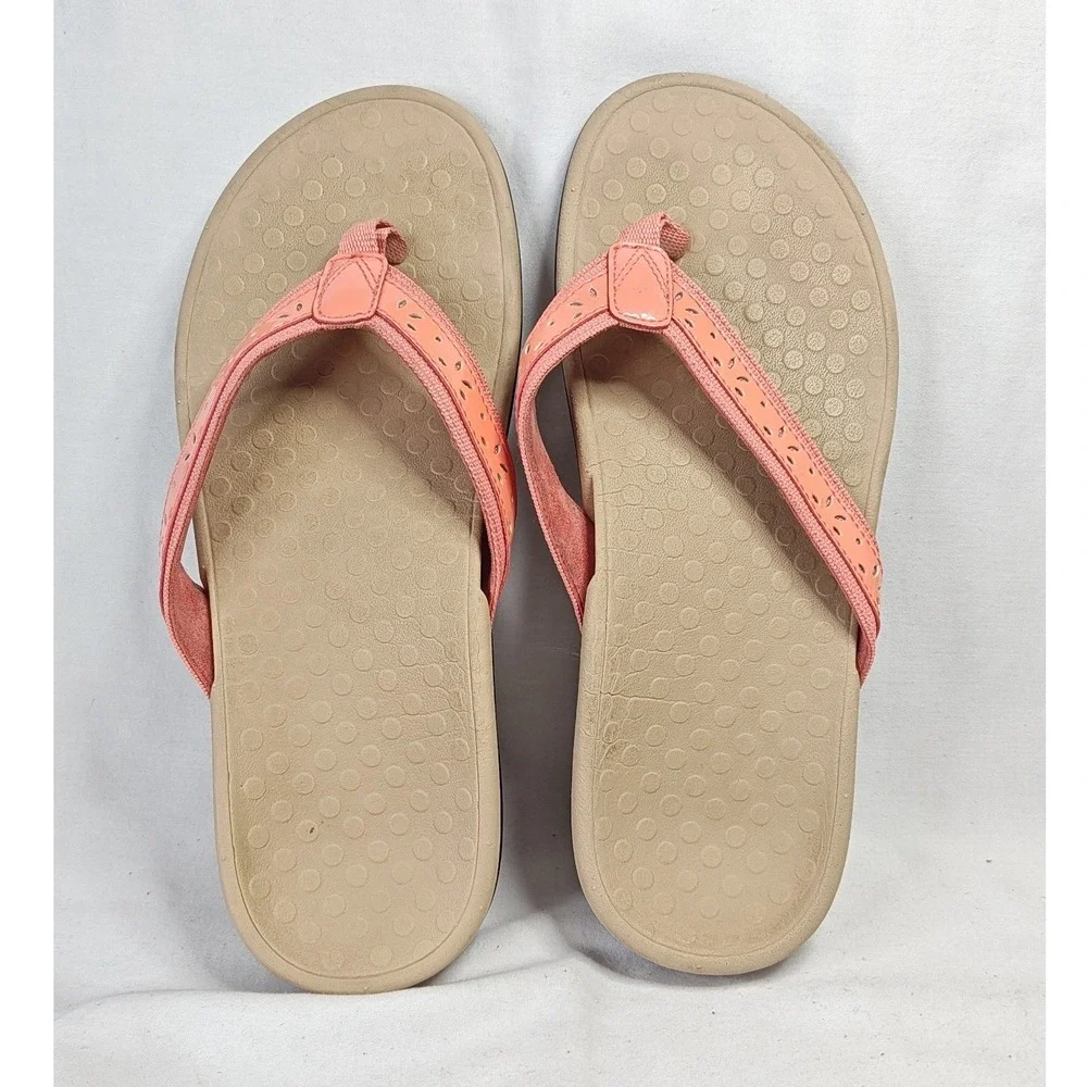Vionic Casandra Sandals Coral Pink Laser Cut Orthotic Flip Flops Comfort Size 8
